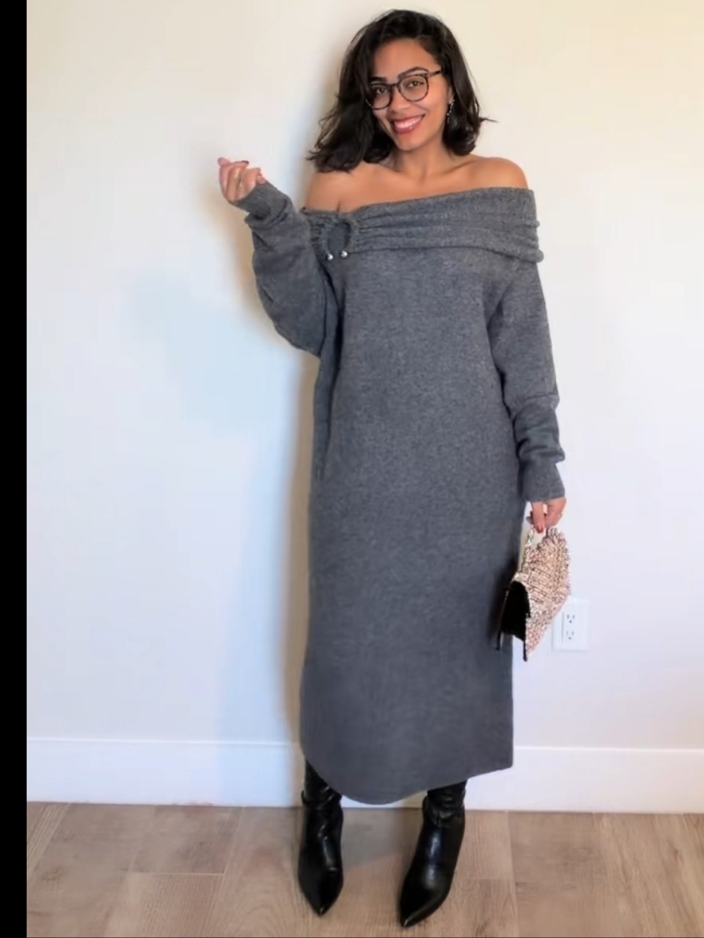ZARA OFF THE SHOULDER KNIT GRAY MIDI DRESS Size L